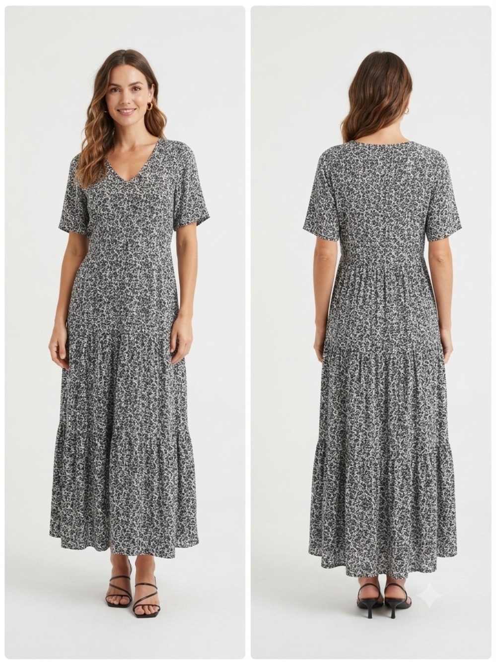 Melrose Women's Black & White Floral V-Neck Tiered Maxi Dress. Size Large